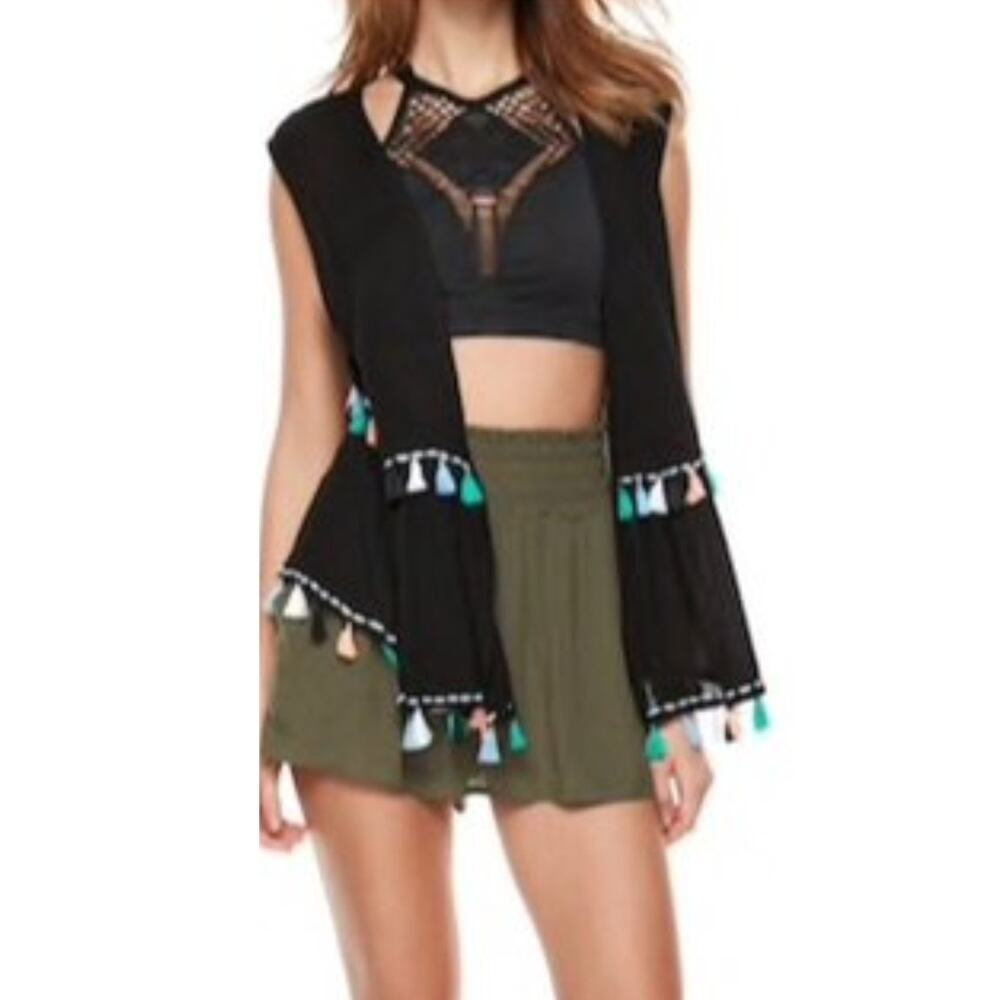 MADDEN NYC Black Semi Sheer Tasseled Sleeveless Boho Gypsy Peasant Vest OS NWT